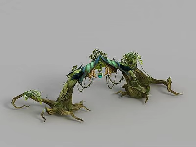 Enchanted Fantasy Gate Crafted From Twisted Tree Roots Green Vines And Decorative Leaves 3d model