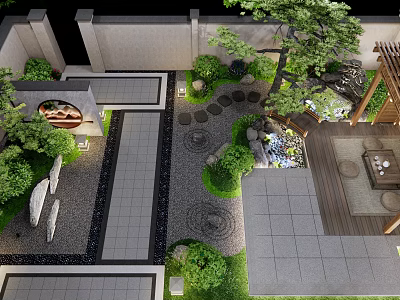 Tranquil Courtyard Garden With Stone Pathway Green Plants Water Feature And Wooden Pergola 3d model