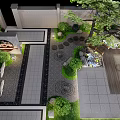 Tranquil Courtyard Garden With Stone Pathway Green Plants Water Feature And Wooden Pergola