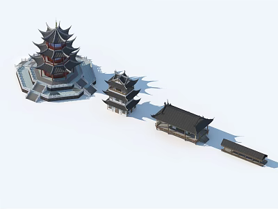 Ancient Chinese Architecture Featuring Multi Tiered Towers Curved Eaves And Stone Bases 3d model