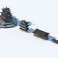 Ancient Chinese Architecture Featuring Multi Tiered Towers Curved Eaves And Stone Bases