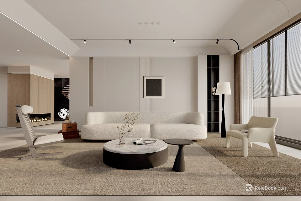 Modern Living Room Interior With White Sofa Round Coffee Table Wall Painting And Floor Lamp 3d model 