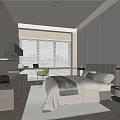 Modern Minimalist Bedroom Interior With White Headboard Gray Bedding Green Chair Desk And Window Blinds