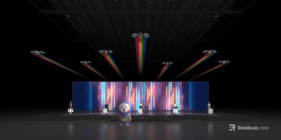 Stage Setup With Colorful Light Projections Large LED Screen And Cartoon Character 3d model 
