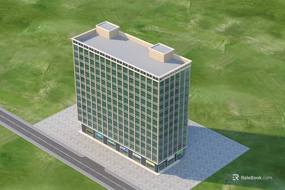 Modern Multi Storey Office Building With Glass Windows And Green Grass Area 3d model 