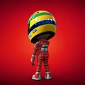 3D Cartoon Character Wearing Red Racing Suit And Yellow Helmet Waving Hand On Red Background