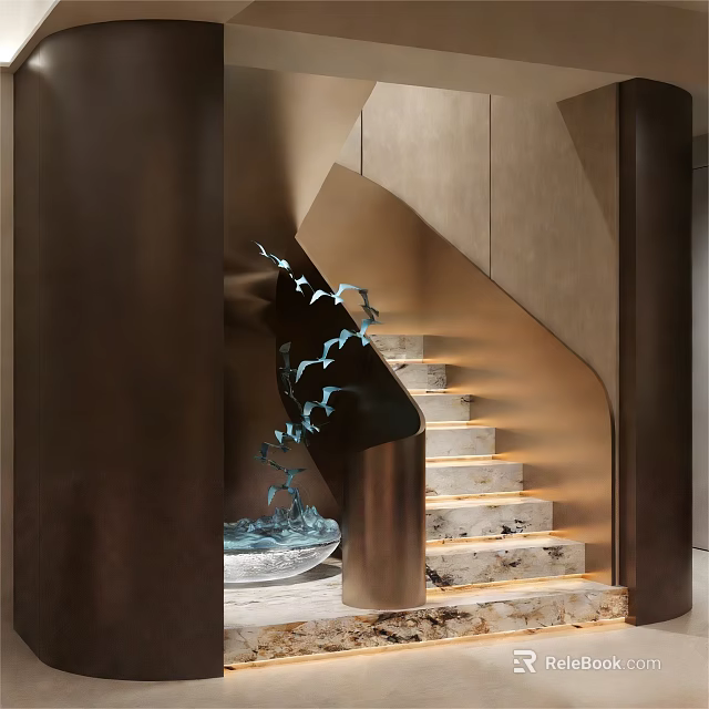 Modern Elegant Staircase With Marble Steps Illuminated Lighting And Bird Sculptures 3d model 