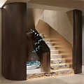 Modern Elegant Staircase With Marble Steps Illuminated Lighting And Bird Sculptures