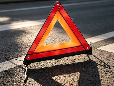 Reflective Red Emergency Warning Triangle Placed On Road With White Lines 3d model