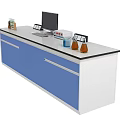 Functional Laboratory Table with Blue Cabinets Computer Monitor Test Tube Rack and Beakers