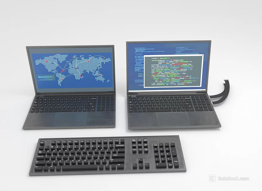 Two Modern Laptops with World Map and Data Screens and External Keyboard 3d model 