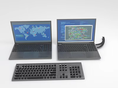 Two Modern Laptops with World Map and Data Screens and External Keyboard 3d model