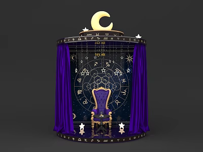 Mystical Zodiac Themed Structure With Purple Curtains Moon Stars And Ornate Chair 3d model