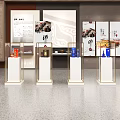 Museum Exhibition Hall With Glass Display Cases Golden Frames And White Pedestals