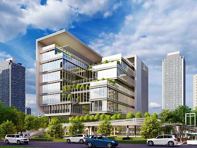Modern Office Building Exterior Design With Glass Curtain Walls Greenery And Surrounding Trees 3d model