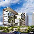 Modern Office Building Exterior Design With Glass Curtain Walls Greenery And Surrounding Trees