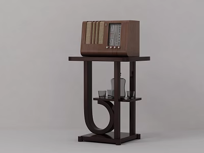 Retro Radio Speaker Placed On Wooden Stand With Decorative Bottle And Glasses 3d model