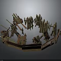 Wooden Medieval Defensive Fortification Components With Fences Spikes And Logs