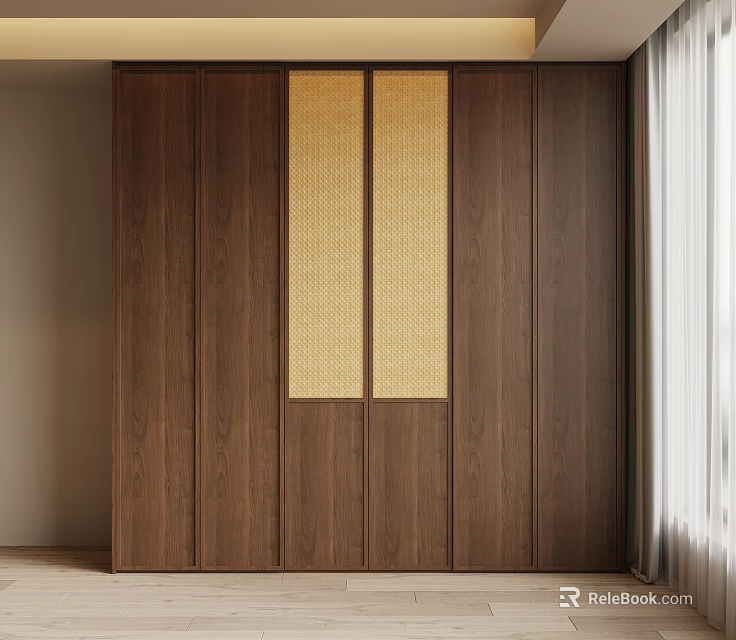 Wooden Wardrobe Design With Central Woven Panels And Natural Wood Finish 3d model 