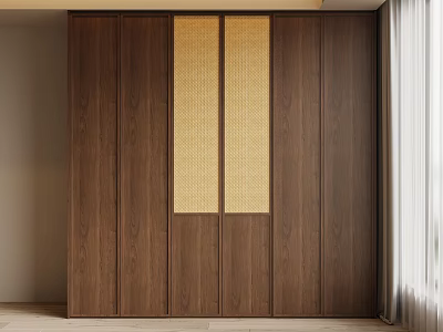 Wooden Wardrobe Design With Central Woven Panels And Natural Wood Finish 3d model