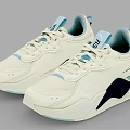 White Casual Sneakers With Light Blue Accents And Dark Contrast Side Panels