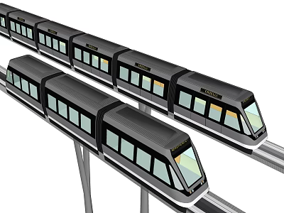 Streamlined Modern High-Speed Trains Running on Elevated Tracks with Black Exterior and Windows 3d model
