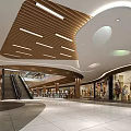 Shopping Mall Lobby Interior Design With Escalator Wooden Slat Ceiling Storefront Windows And Modern Lighting