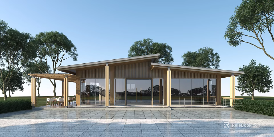 Modern Wooden Pavilion With Large Glass Windows And Surrounding Trees In Square Area 3d model 