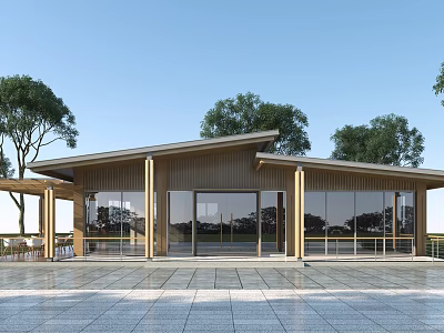 Modern Wooden Pavilion With Large Glass Windows And Surrounding Trees In Square Area 3d model