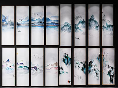 Traditional Chinese Landscape Paintings Framed With Mountain Peaks Rivers Boats And Birds 3d model