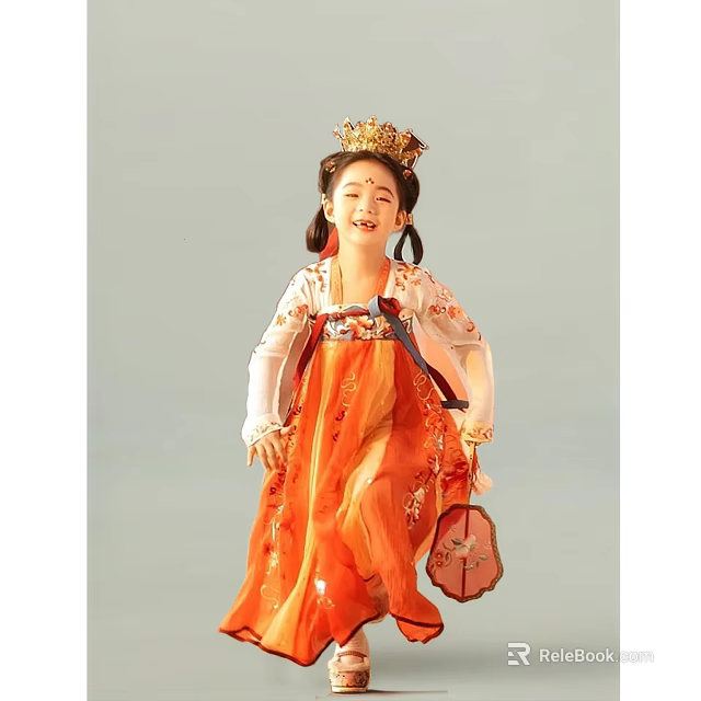 Traditional Chinese Girl Sculpture In Orange Hanfu With Golden Crown And Lantern 3d model 