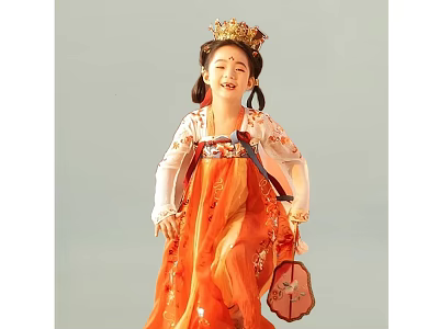 Traditional Chinese Girl Sculpture In Orange Hanfu With Golden Crown And Lantern 3d model