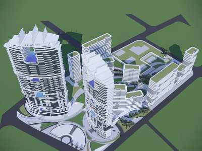 Modern High Rise Hotel Building With Surrounding Roads And Green Open Spaces 3d model