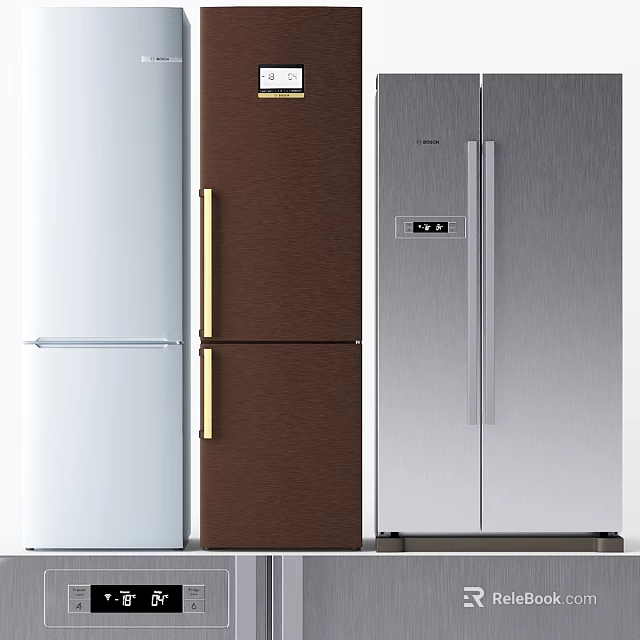 Stylish Kitchen Refrigerators In White Brown And Silver With Modern Sleek Design 3d model 