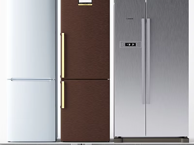 Stylish Kitchen Refrigerators In White Brown And Silver With Modern Sleek Design 3d model