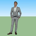 Two Men Standing in Gray Suits with Hands in Pockets on White Background 3d model