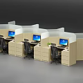 Modern Office Workstations with Multiple Desks Computers Office Chairs and Green Plants 3d model