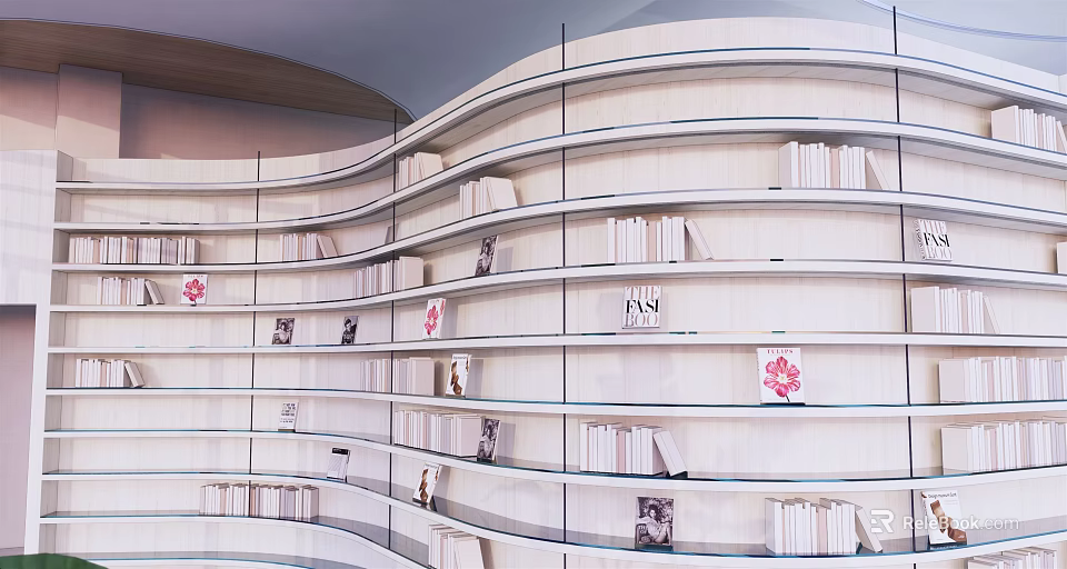 Modern Curved Bookshelf Design With Multiple Shelves Books And Decorative Flowers 3d model 