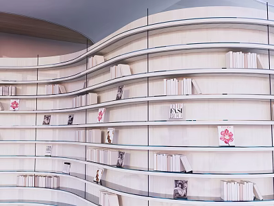 Modern Curved Bookshelf Design With Multiple Shelves Books And Decorative Flowers 3d model