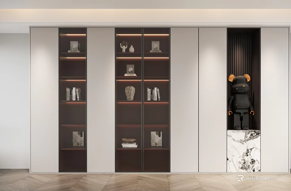 Modern Bookcase Design With Multiple Shelves Books Decorative Items And Marble Stand 3d model 