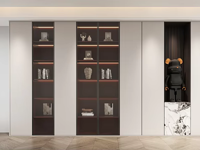 Modern Bookcase Design With Multiple Shelves Books Decorative Items And Marble Stand 3d model