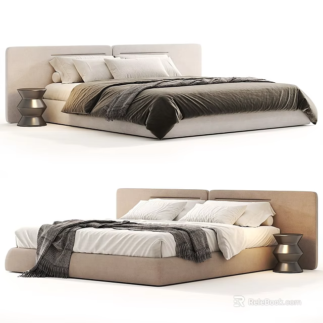 Modern Double Bed With Upholstered Headboard Soft Bedding And Cozy Blanket 3d model 