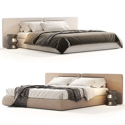 Modern Double Bed With Upholstered Headboard Soft Bedding And Cozy Blanket 3d model