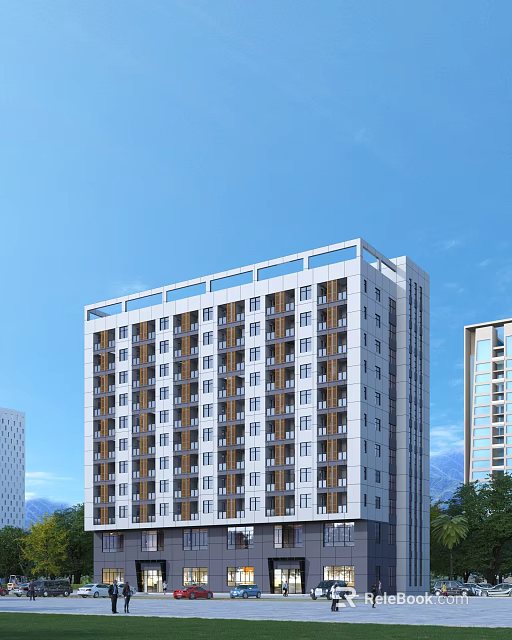 Modern Tall School Building Exterior With Rows Of Windows Against Blue Sky 3d model 