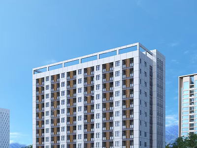 Modern Tall School Building Exterior With Rows Of Windows Against Blue Sky 3d model