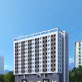 Modern Tall School Building Exterior With Rows Of Windows Against Blue Sky