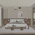 Modern Bedroom Interior With Bed Bedside Tables Pendant Light Decorative Painting Wardrobes And Curtains