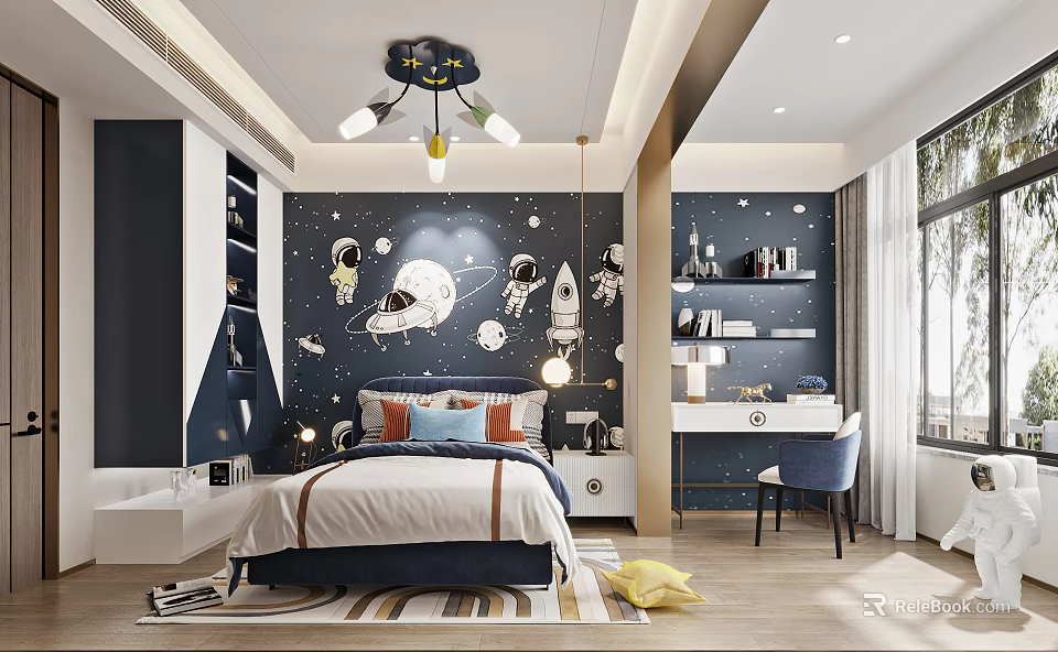 Modern Space Themed Kids Bedroom Decor With Astronauts And Rockets 3d model 