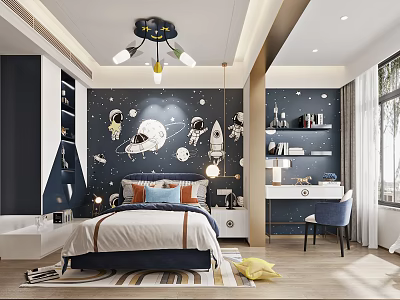 Modern Space Themed Kids Bedroom Decor With Astronauts And Rockets 3d model