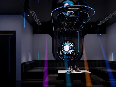 Modern KTV Interior With Neon Lights Round Screen Sofas And Bar Counter Lighting Effects 3d model